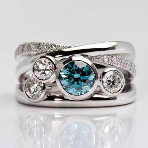 Crossed-Rail Silver-Tone Ring with Aqua and Clear CZ, Sizes 6β10