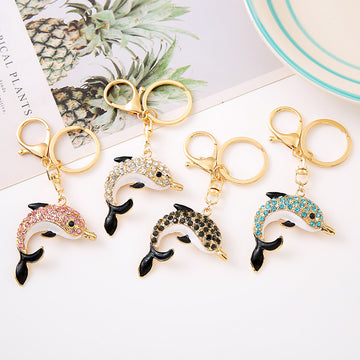 Rhinestone Dolphin Keychain Gold Metal Crystal Bag Charm