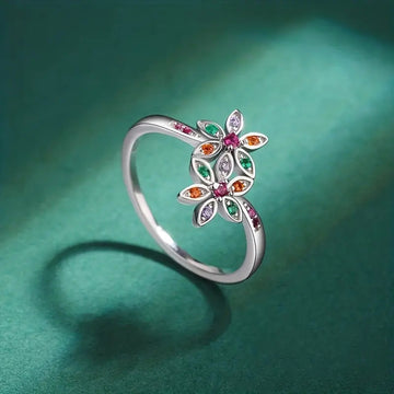 Silver Tone Multicolor Flower Ring Openwork Leaf Petals