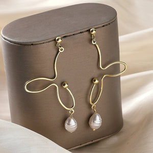 Gold Abstract Wire Drop Earrings With Teardrop Pearls