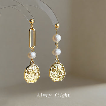 Gold Asymmetric Pearl Paperclip Disc Drop Earrings