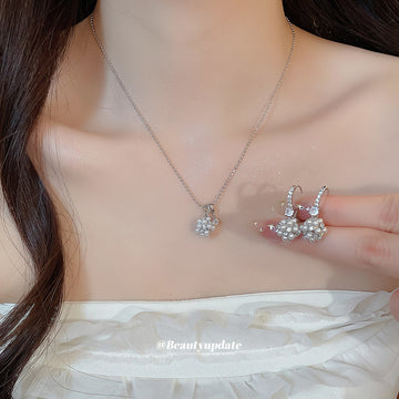 Silver Pearl Flower Crystal Huggie Earrings and Pendant Necklace