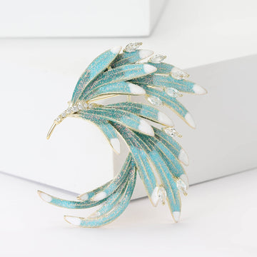 Turquoise Enamel Phoenix Feather Rhinestone Gold Brooch