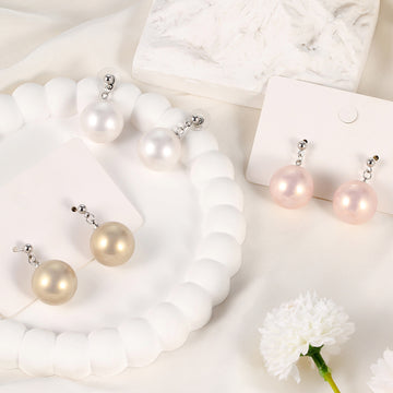 White Pearl Look Ball Silver Tone Dangle Stud Earrings