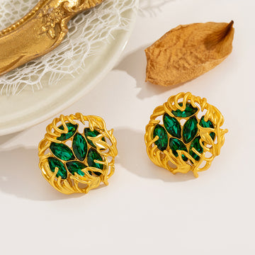 Gold Openwork Leaf Emerald Green Round Stud Earrings