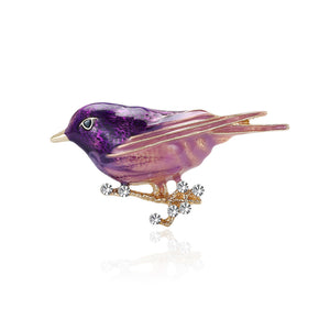 Enamel Bird on Branch Brooch Blue Purple Red Rhinestone Pin