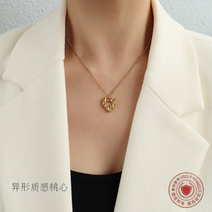 Open Heart Organic Texture Pendant Necklace Gold Steel