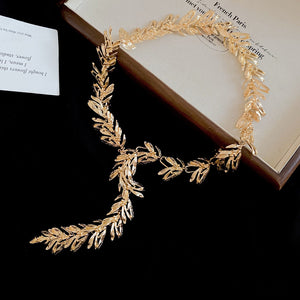 Gold and Silver Wheat Leaf Y Necklace Statement Jewelry