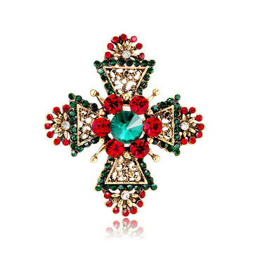Red Gold Tone Cross Geometric Crystal Two Designs Metal Brooch Pin