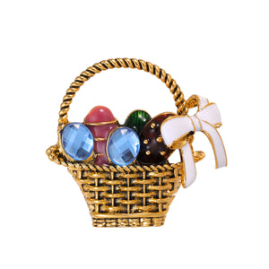 Antique Gold Tone Flower Basket Brooch Pin with White Bow and Colored Stones