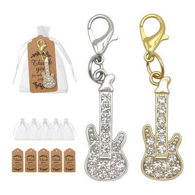 Gold and silver rhinestone guitar charms with organza bags and tags