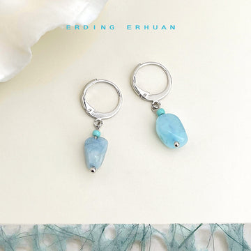 Silver Huggie Hoop Earrings Aqua Tumbled Stone Drops
