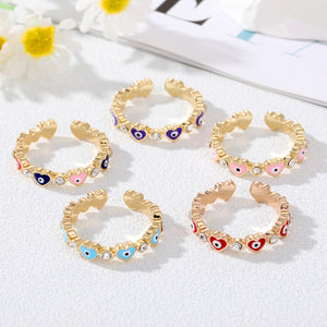 Gold-Tone Enamel Heart Evil Eye Adjustable Ring with Clear Crystals