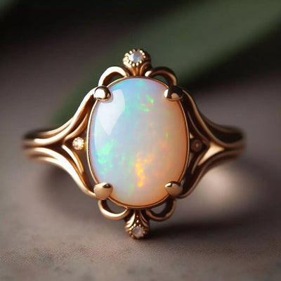 Champagne gold vintage oval faux opal filigree ring close-up