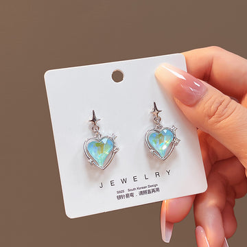 Iridescent Aqua Heart and Star Silver Tone Drop Earrings