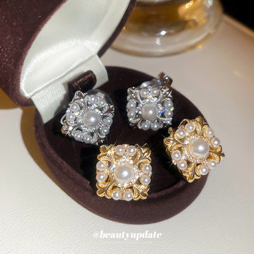 Square Faux Pearl Clear Crystal Cluster Clip On Earrings