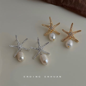 Gold And Silver Tone Starfish Irregular Pearl Drop Earrings