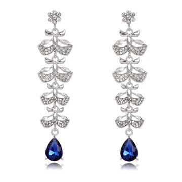 Blue Silver Tone Leaf Tassel Crystal Two Designs Metal Dangle Earrings