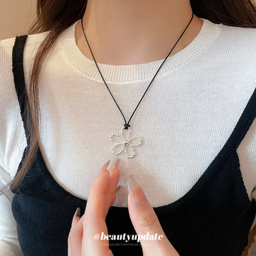 Black Cord Silver Openwork Flower Pendant Necklace