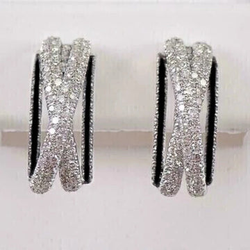 Silver Tone Black and Clear Crystal Crossover Hoop Earrings