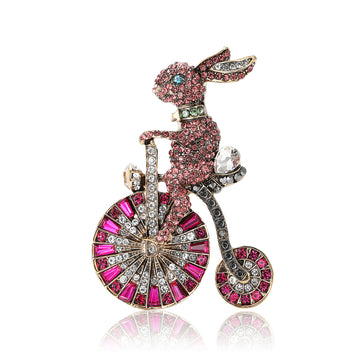 Crystal Rabbit on Bicycle Brooch in Pink and Blue Clothing Pin