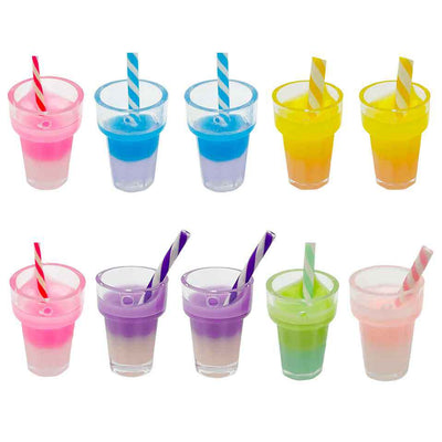 Multicolor drink cup charms arranged on a light background