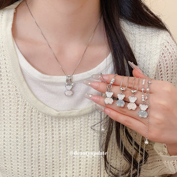 Silver Bear Crystal Pearl Pendant Necklaces And Bracelet