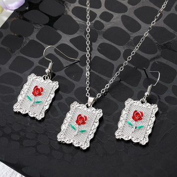 Silver Tone Ornate Red Rose Necklace and Hook Earring Options
