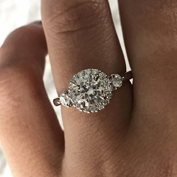 Silver Round Halo Clear CZ Three-Stone Band Ring Style