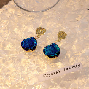 Blue Iridescent Resin Drop Earrings on Gold-Tone Square Studs