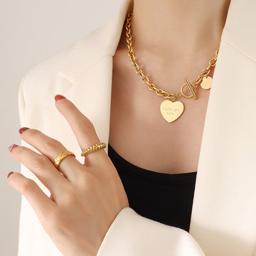 Chunky Curb Toggle Necklace Heart Love You More Disc Charm