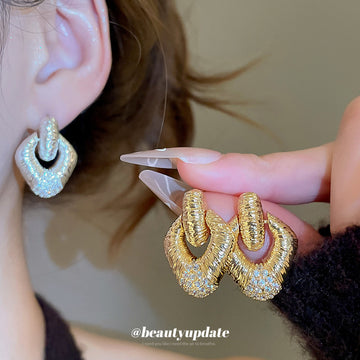 Two Tone Crystal Textured Statement Drop Stud Earrings