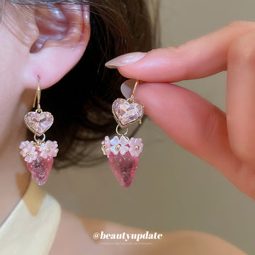 Pink Crystal Strawberry Drop Earrings with Polished Metal Details