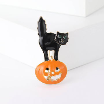 Black Cat Orange Jack O Lantern Pumpkin Enamel Brooch Pin