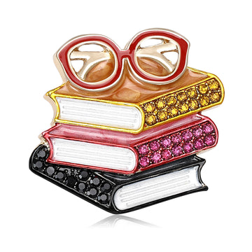 Books And Glasses Brooch With Stacked Enamel Books, Openwork Glasses, And Crystal Accents