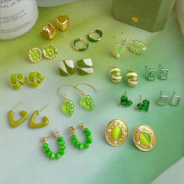 Green Theme Mixed Stud and Drop Earrings Sixteen Styles