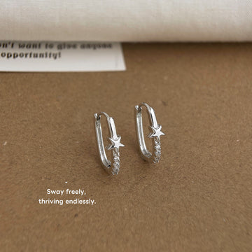 Silver Tone Star Oval Huggie Hoop Earrings Crystal Trail