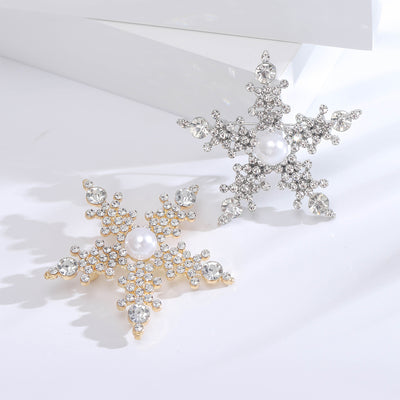 Main front view of Pearl Center Snowflake Brooch In Silver And Gold Tones