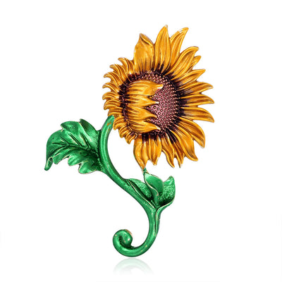 Front product view of the sunflower brooch pin in green and gold