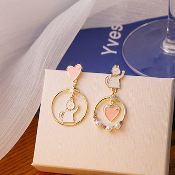 Pink Heart and White Cat Asymmetrical Hoop Earrings