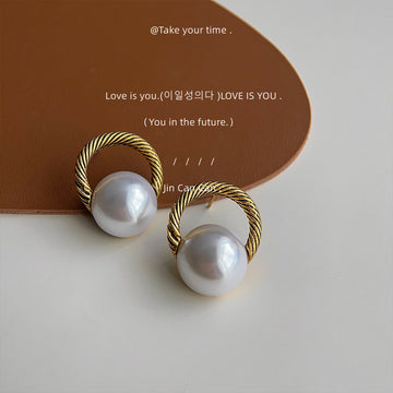 Gold Twisted Rope Open Circle White Pearl Stud Earrings