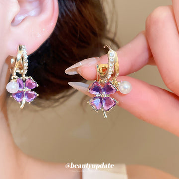 Gold Purple Flower and Pearl Drop Earrings for Everyday Styling