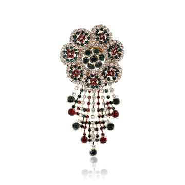 Floral Crystal Chandelier Brooch With Red and Green Bead Drops