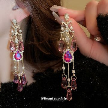 Pink Crystal and Pearl Chandelier Drop Earrings Decorative Jewelry