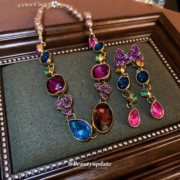 Gold Multicolor Gemstone Pearl Necklace Drop Earrings