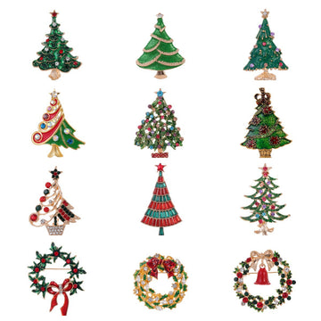 Green Gold Tone Christmas Wreath Wreath Crystal Enamel Fourteen Designs Metal Brooch Pin
