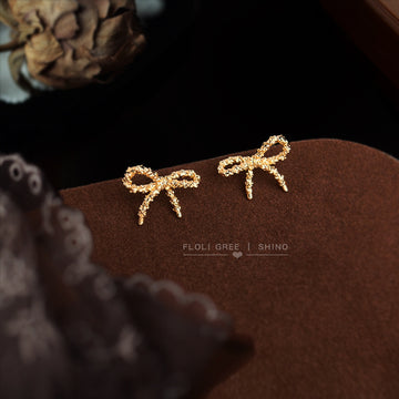 Gold Sand Texture Bow Mini Stud Earrings Ribbon Shape