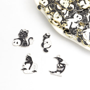 Cat Moon and Skull Enamel Alloy Charm Pendants in Gold and Silver Tones