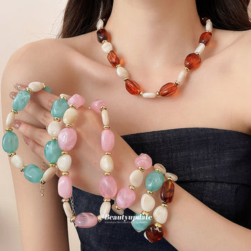 Acrylic Oval Bead Bracelets And Necklaces Gold Spacers Seven Styles