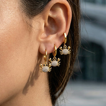 Gold and Silver Tone Pave Crab Charm Hoop Earrings